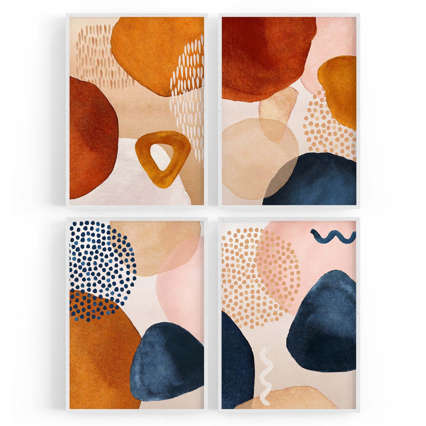 Set of 4 Abstract Painting Blue and Neutral Shapes Wall Art - The Affordable Art Company
