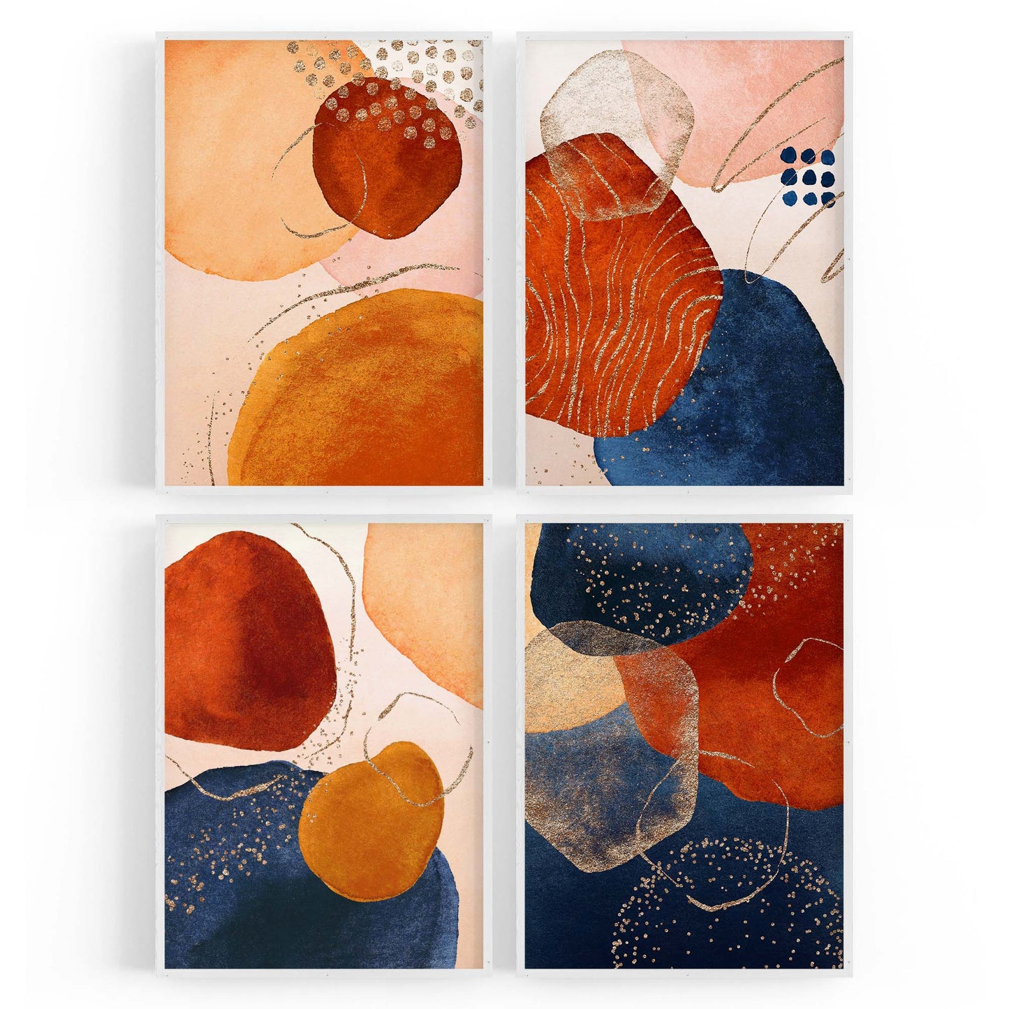 Set of 4 Abstract Blue, Peach and Orange Painting Wall Art - The Affordable Art Company