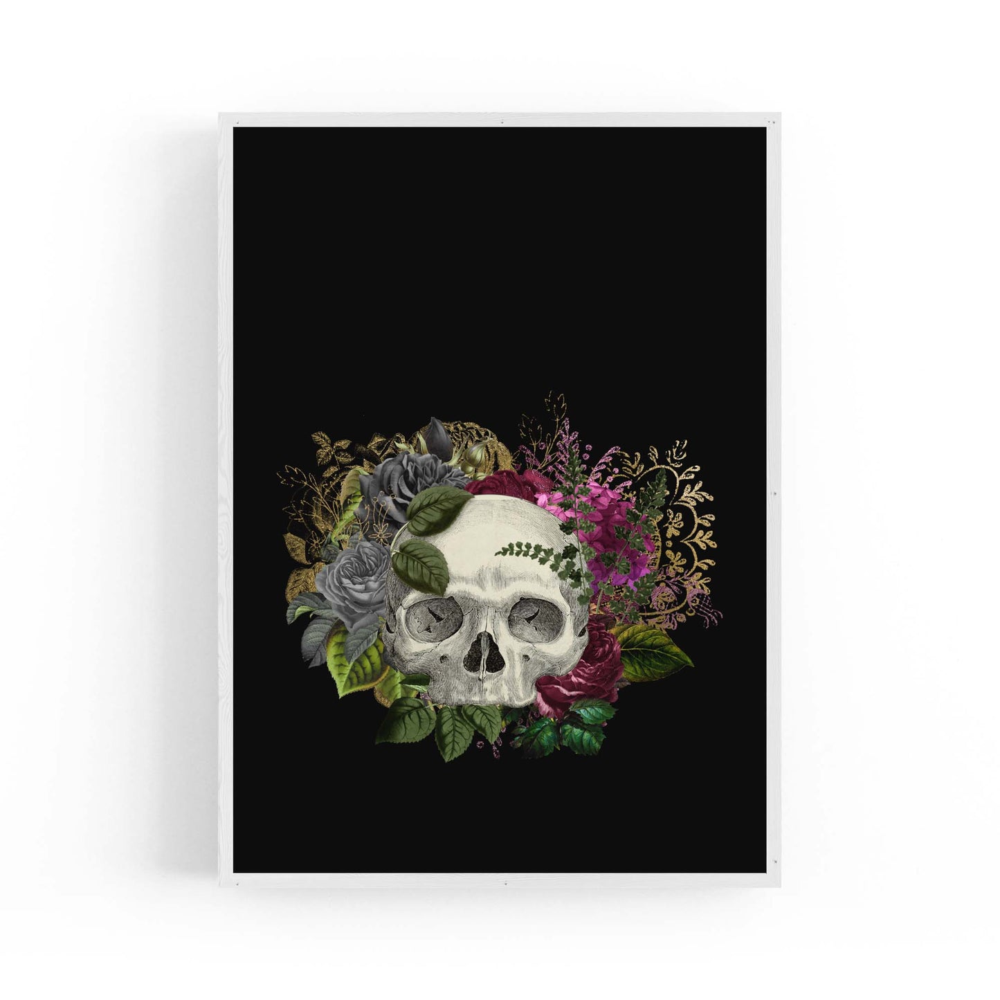 Black Skull and Flowers Fashion Bedroom Wall Art - The Affordable Art Company