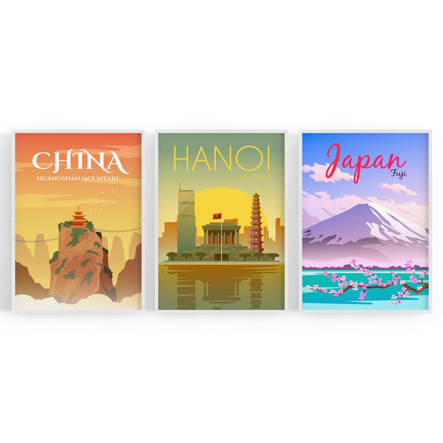 Set of Retro Travel Wall Art (Asian Travel) - The Affordable Art Company
