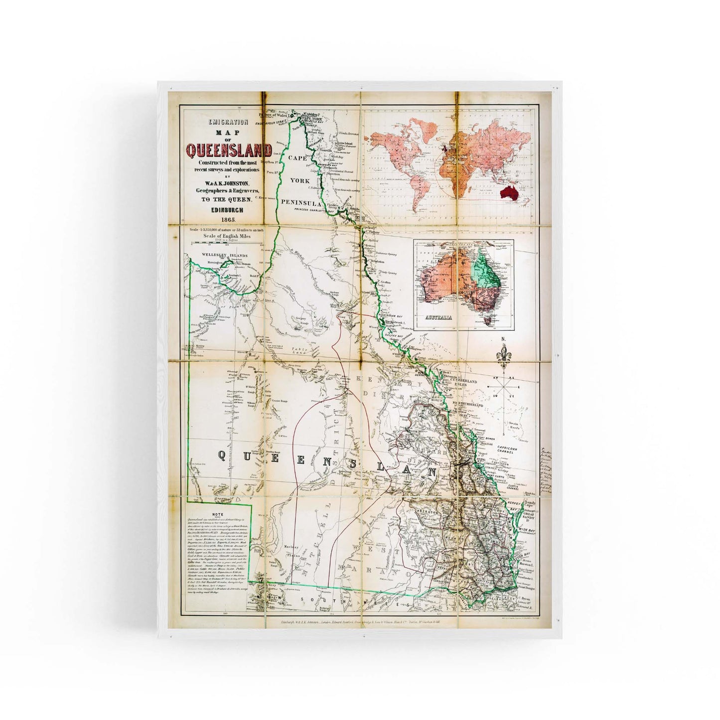 Queensland Australia Vintage Map Wall Art #3 - The Affordable Art Company