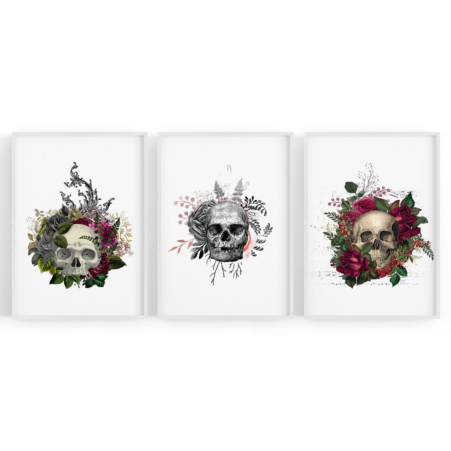 Set of Floral Skull Fashion Bedroom Wall Art - The Affordable Art Company