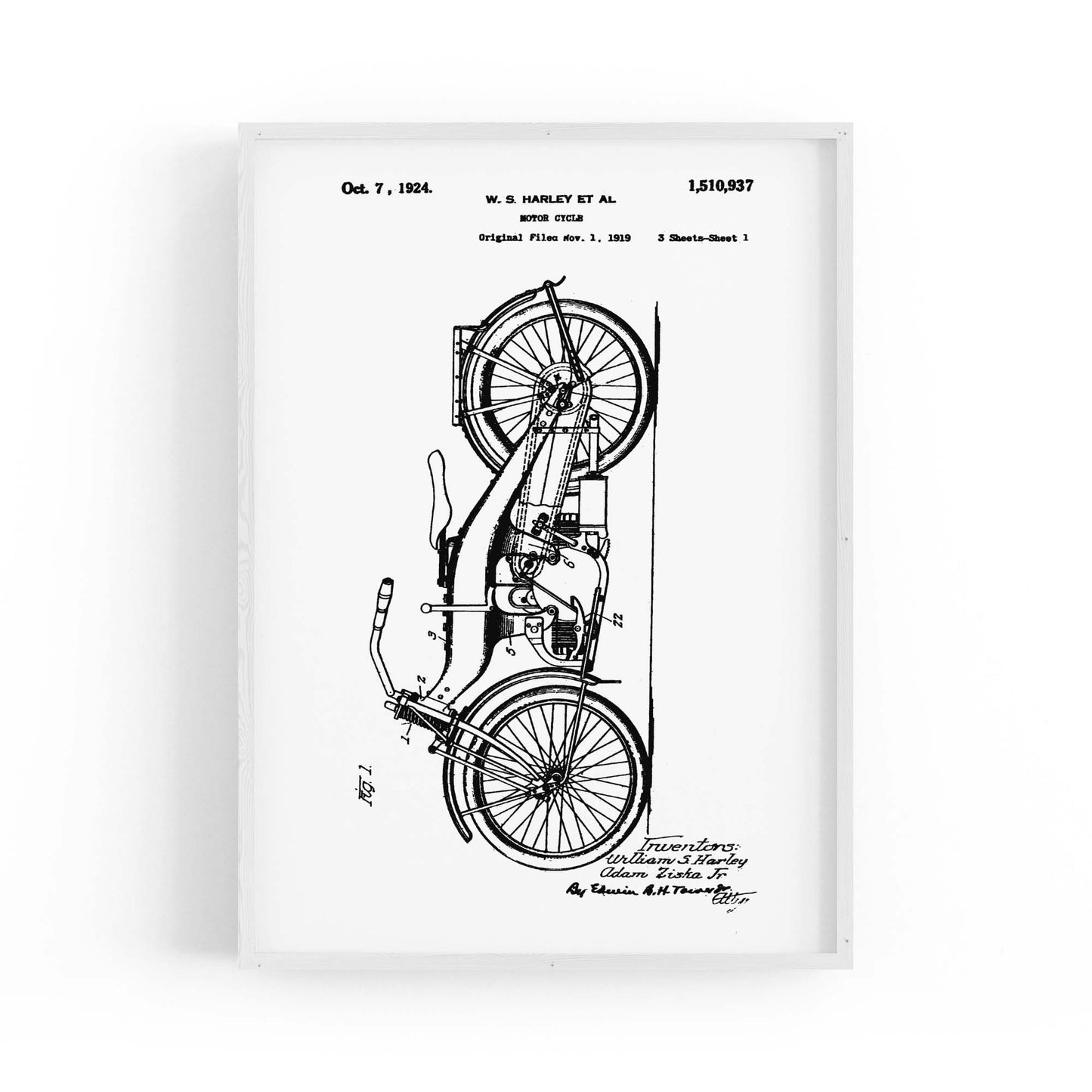 Vintage Harley Motorcycle Patent White Wall Art #2 - The Affordable Art Company