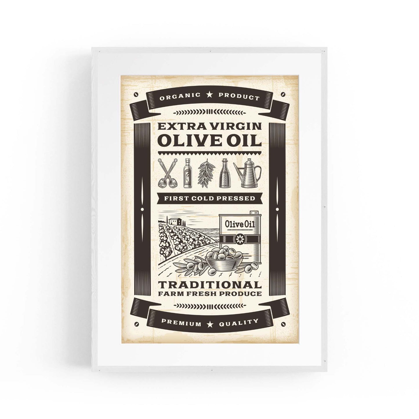 Vintage Olive Oil Farmhouse Kitchen Cafe Wall Art - The Affordable Art Company