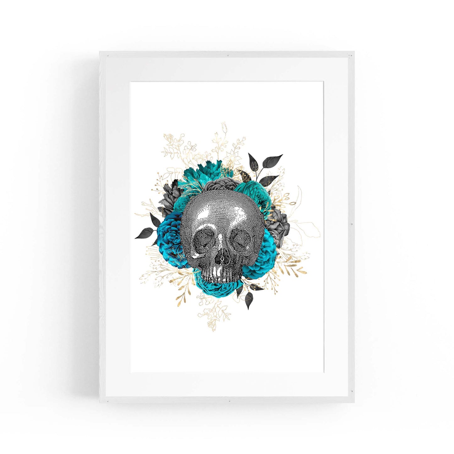 Teal Floral Skull Gothic Bedroom Wall Art - The Affordable Art Company