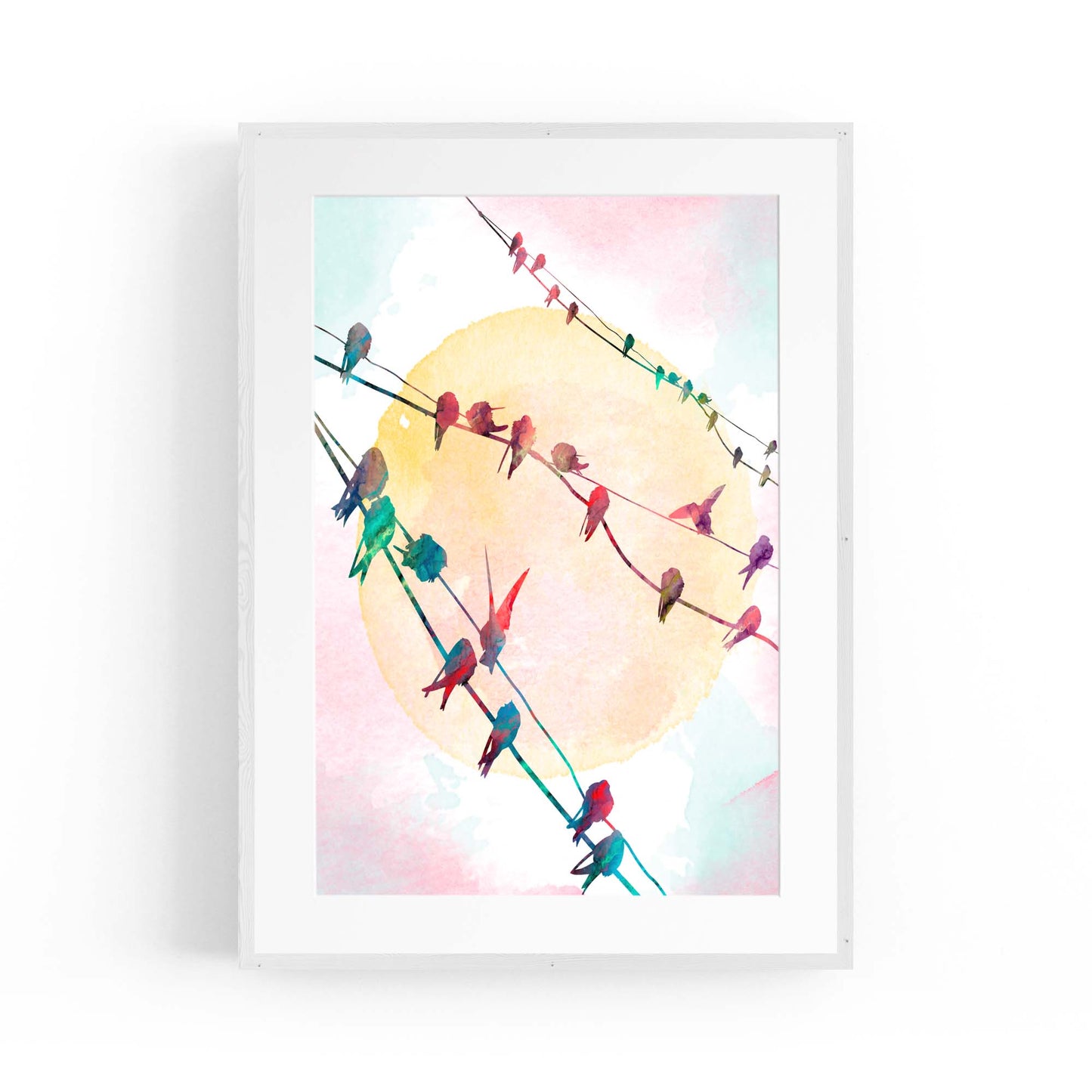 Birds On The Line Watercolour Scene Wall Art - The Affordable Art Company
