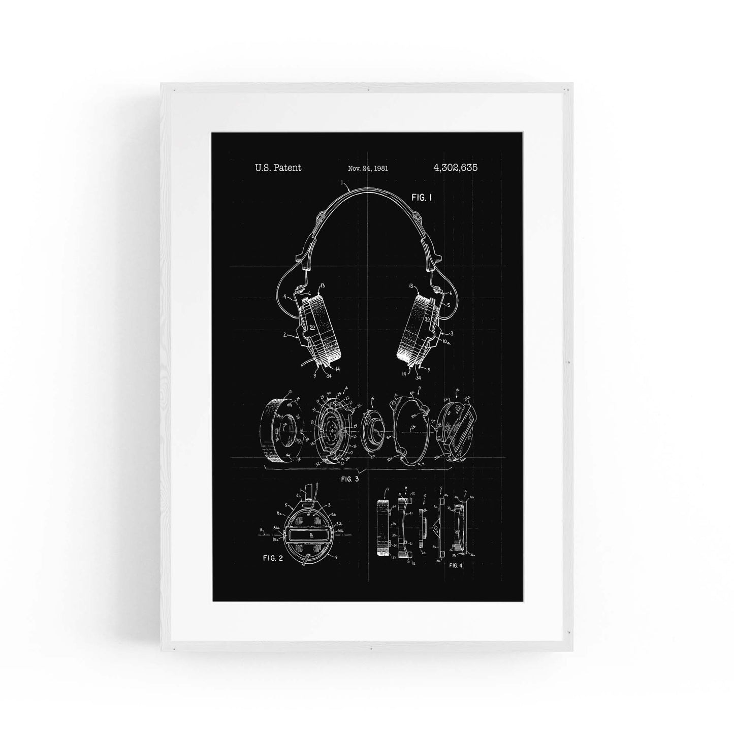 Vintage Music Headphones Black Patent Wall Art #1 - The Affordable Art Company