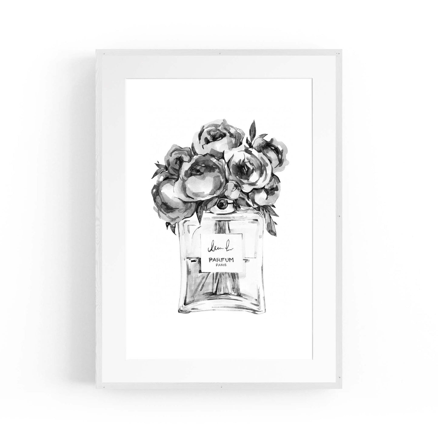 Black and White Floral Perfume Bottle Fashion Wall Art - The Affordable Art Company