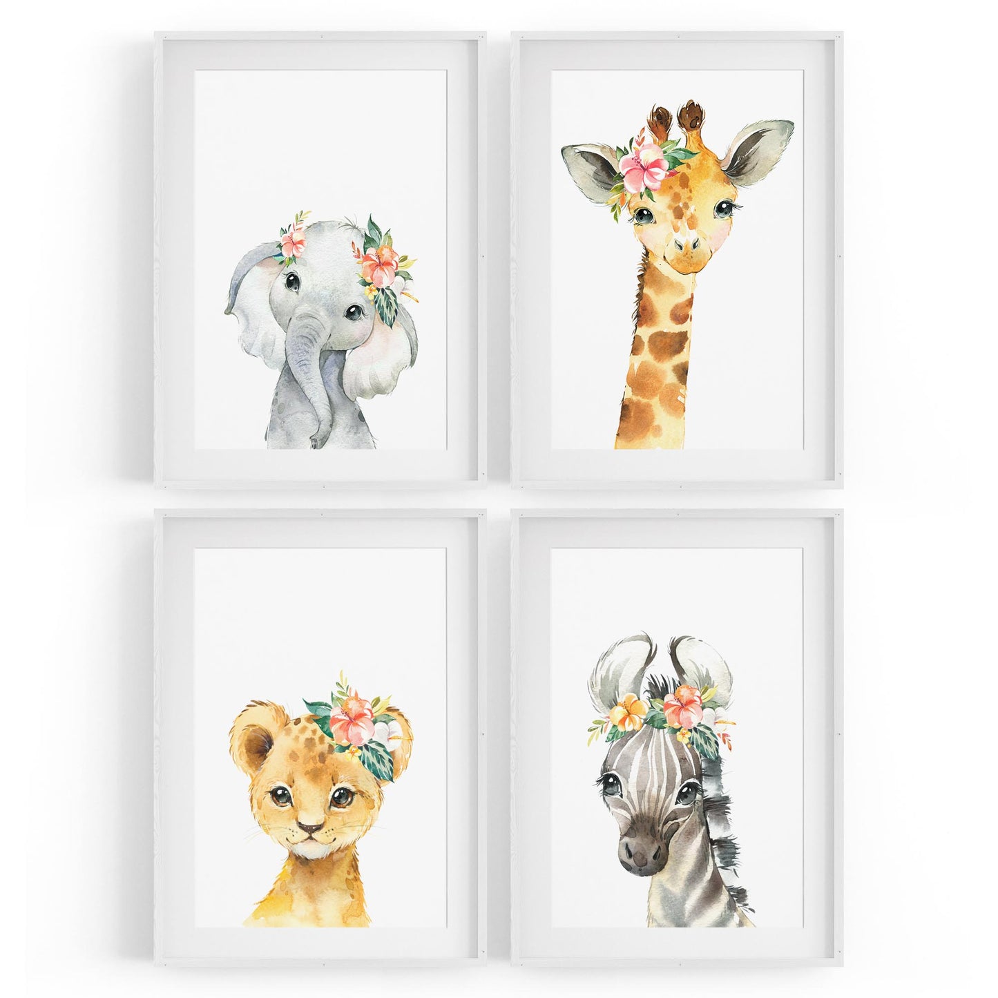 Set of 4 Baby Safari Animal Cute Nursery Paintings Wall Art - The Affordable Art Company