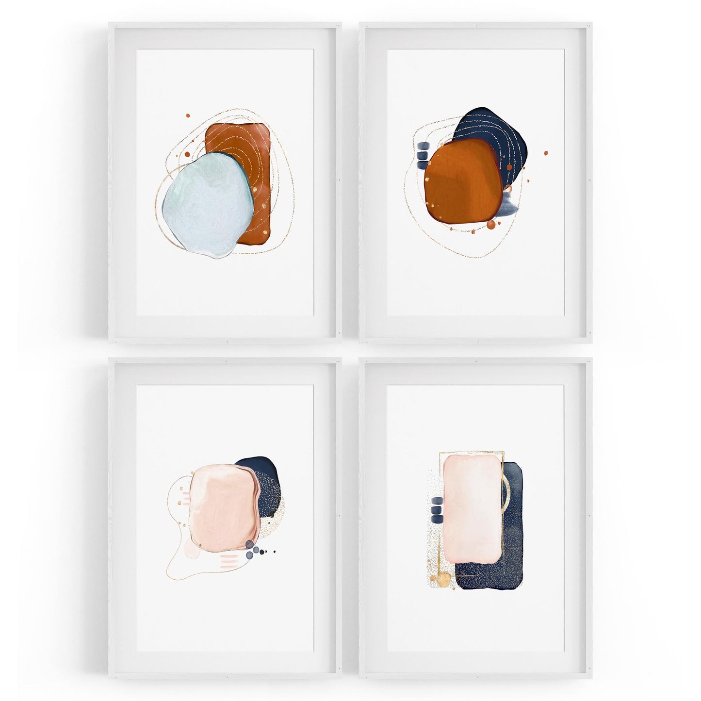 Set of 4 Abstract Blue, Orange and Peach Minimal Wall Art - The Affordable Art Company