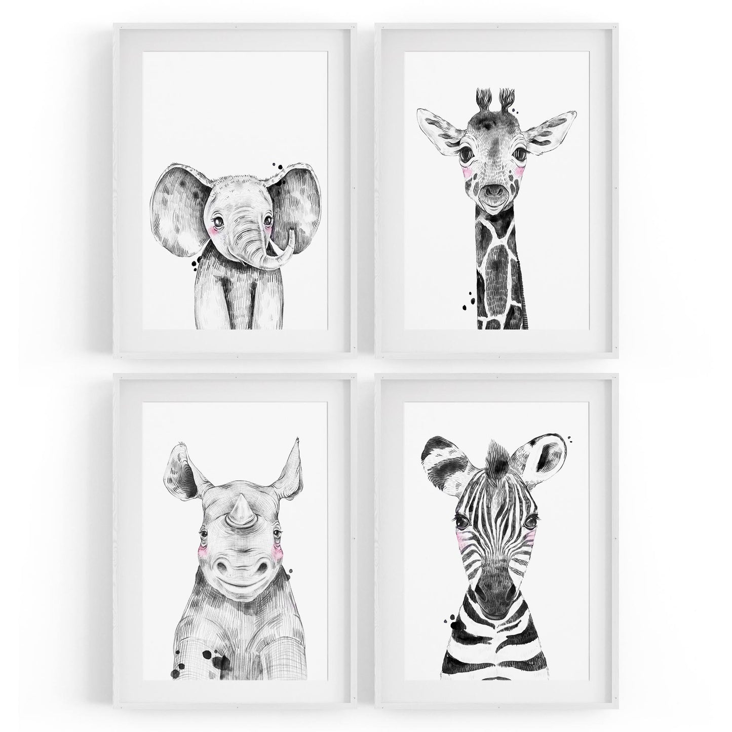 Set of 4 Cute Baby Nursery Safari Animal Drawings Wall Art - The Affordable Art Company