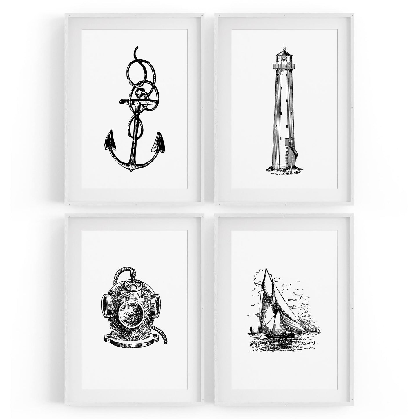 Set of 4 Nautical Drawings Coastal Style Wall Art - The Affordable Art Company