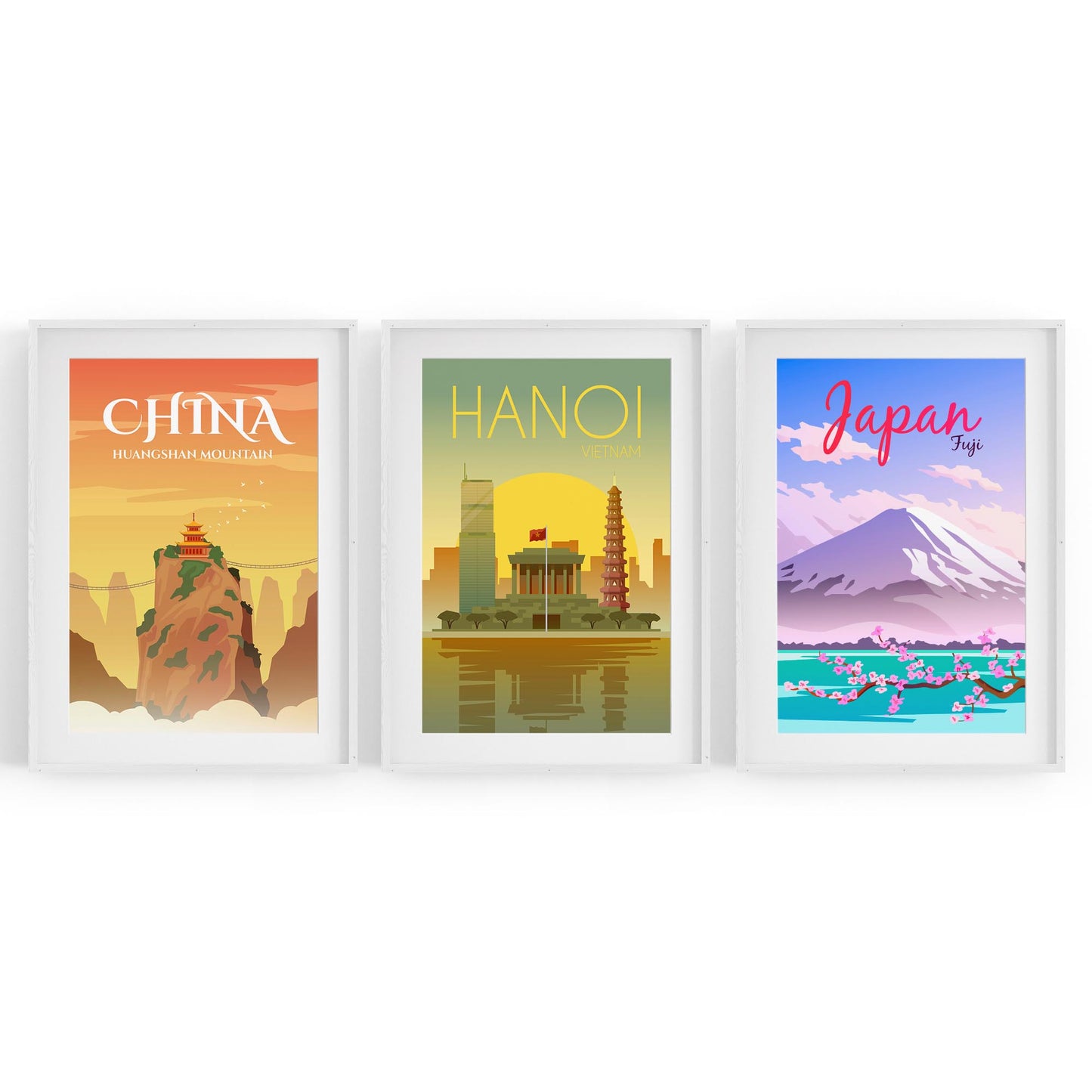 Set of Retro Travel Wall Art (Asian Travel) - The Affordable Art Company