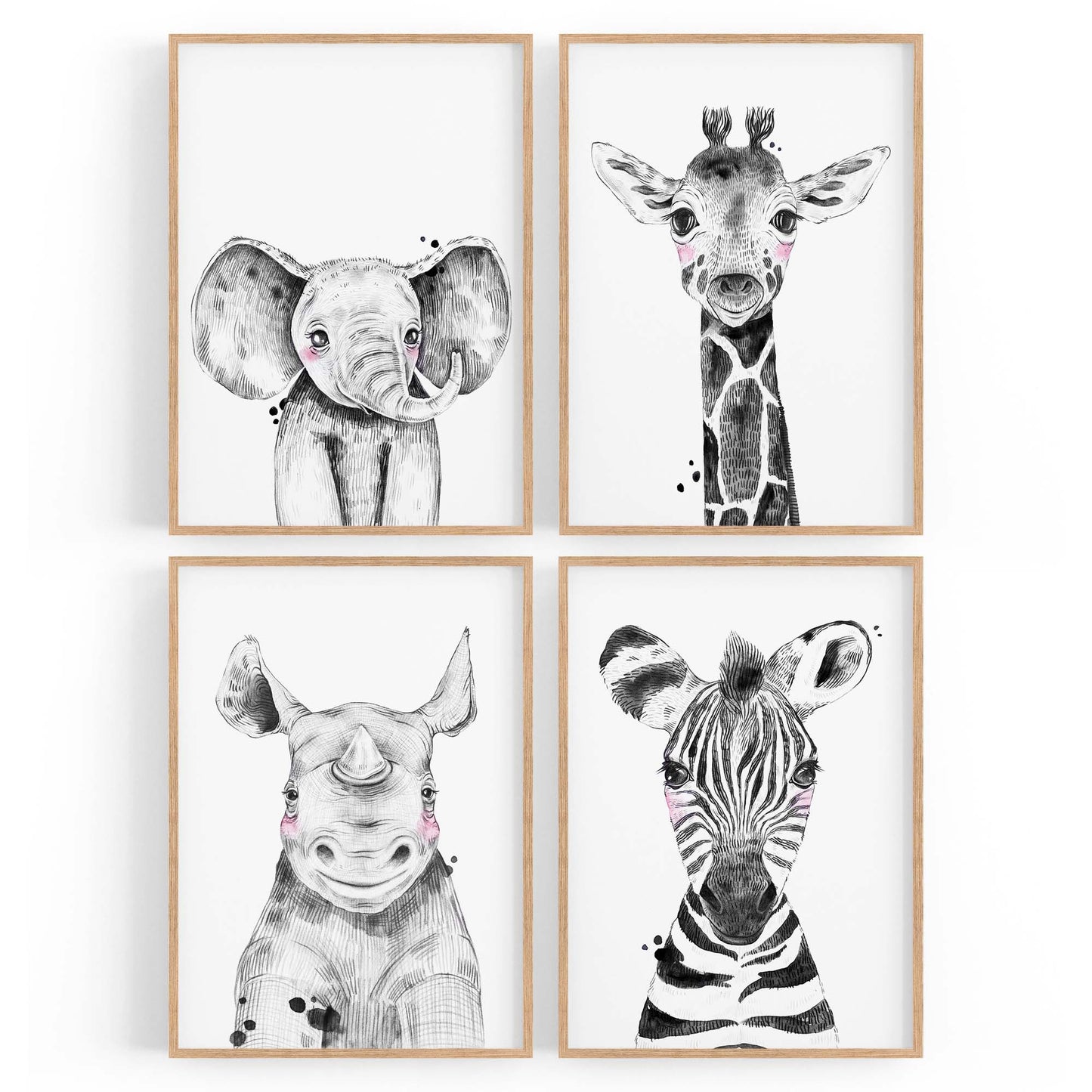 Set of 4 Cute Baby Nursery Safari Animal Drawings Wall Art - The Affordable Art Company