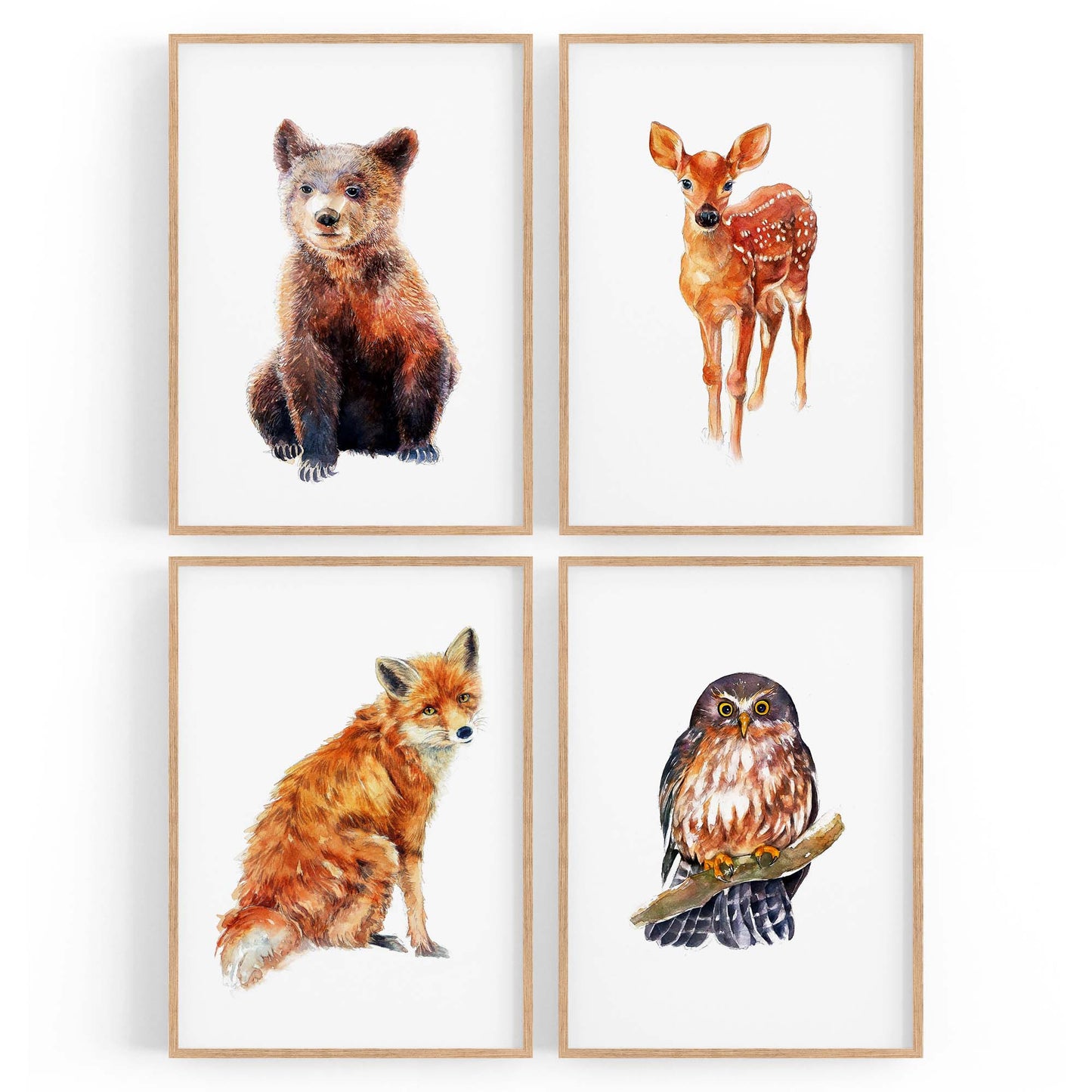 Set of 4 Watercolour Woodland Animal Painting Wall Art - The Affordable Art Company