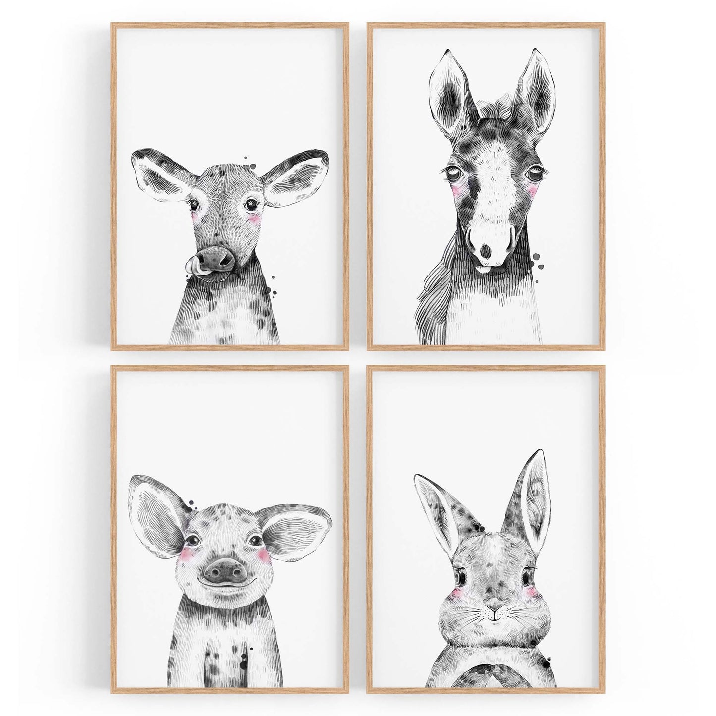 Set of 4 Cute Baby Nursery Country Farm Animal Drawings Wall Art - The Affordable Art Company