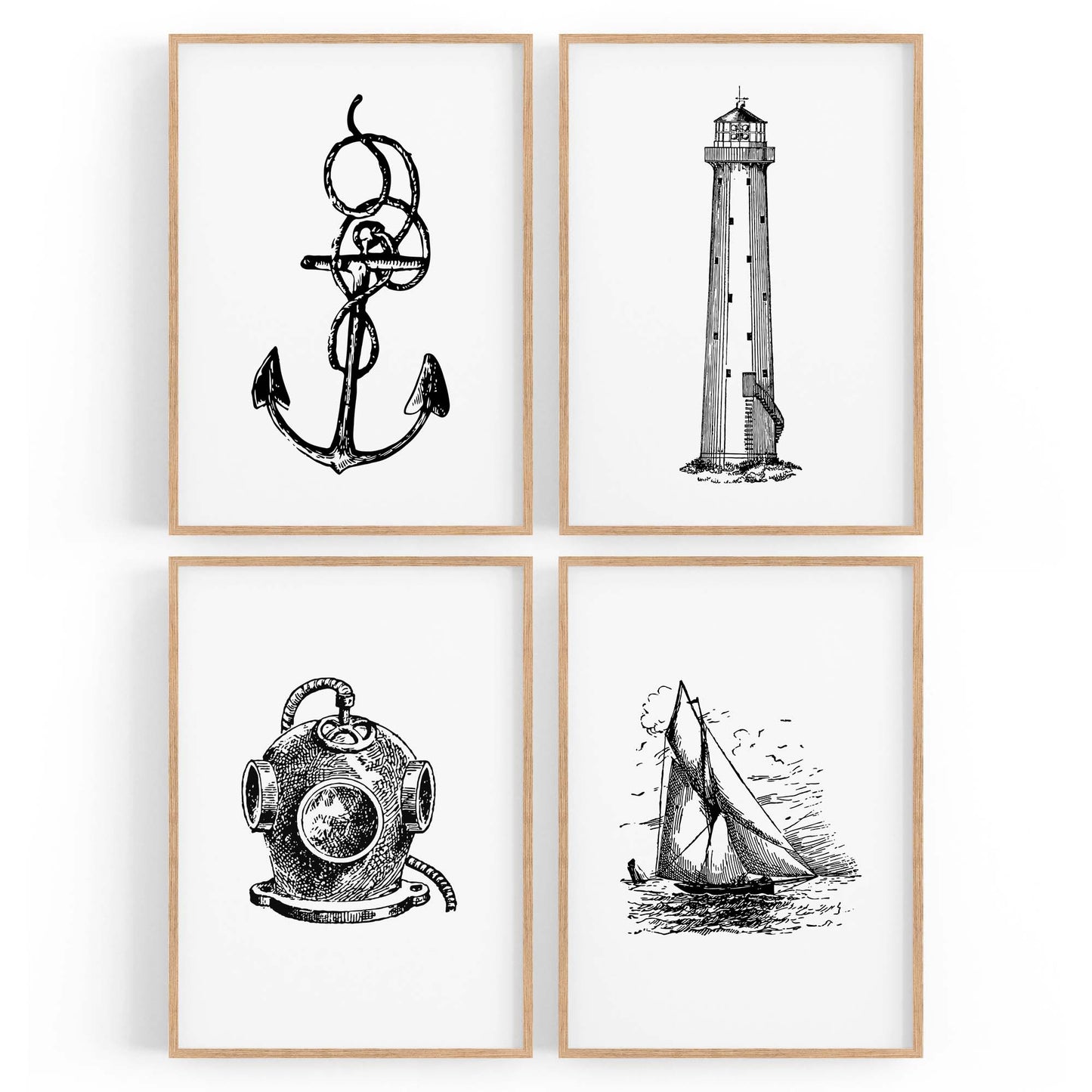 Set of 4 Nautical Drawings Coastal Style Wall Art - The Affordable Art Company