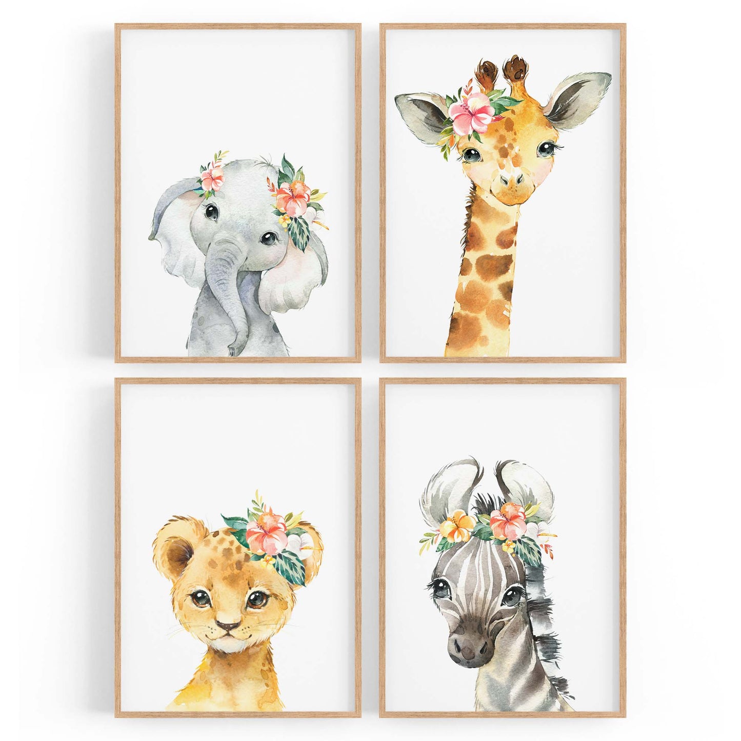 Set of 4 Baby Safari Animal Cute Nursery Paintings Wall Art - The Affordable Art Company