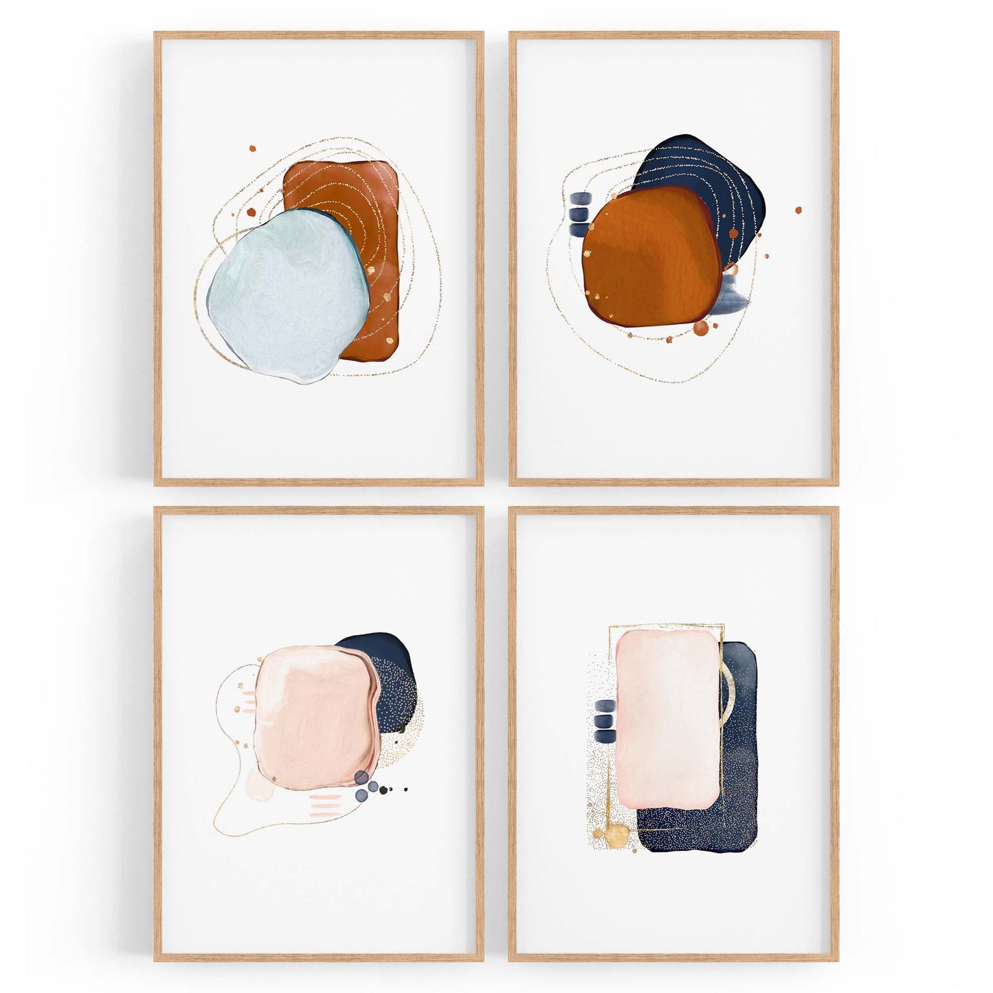 Set of 4 Abstract Blue, Orange and Peach Minimal Wall Art - The Affordable Art Company