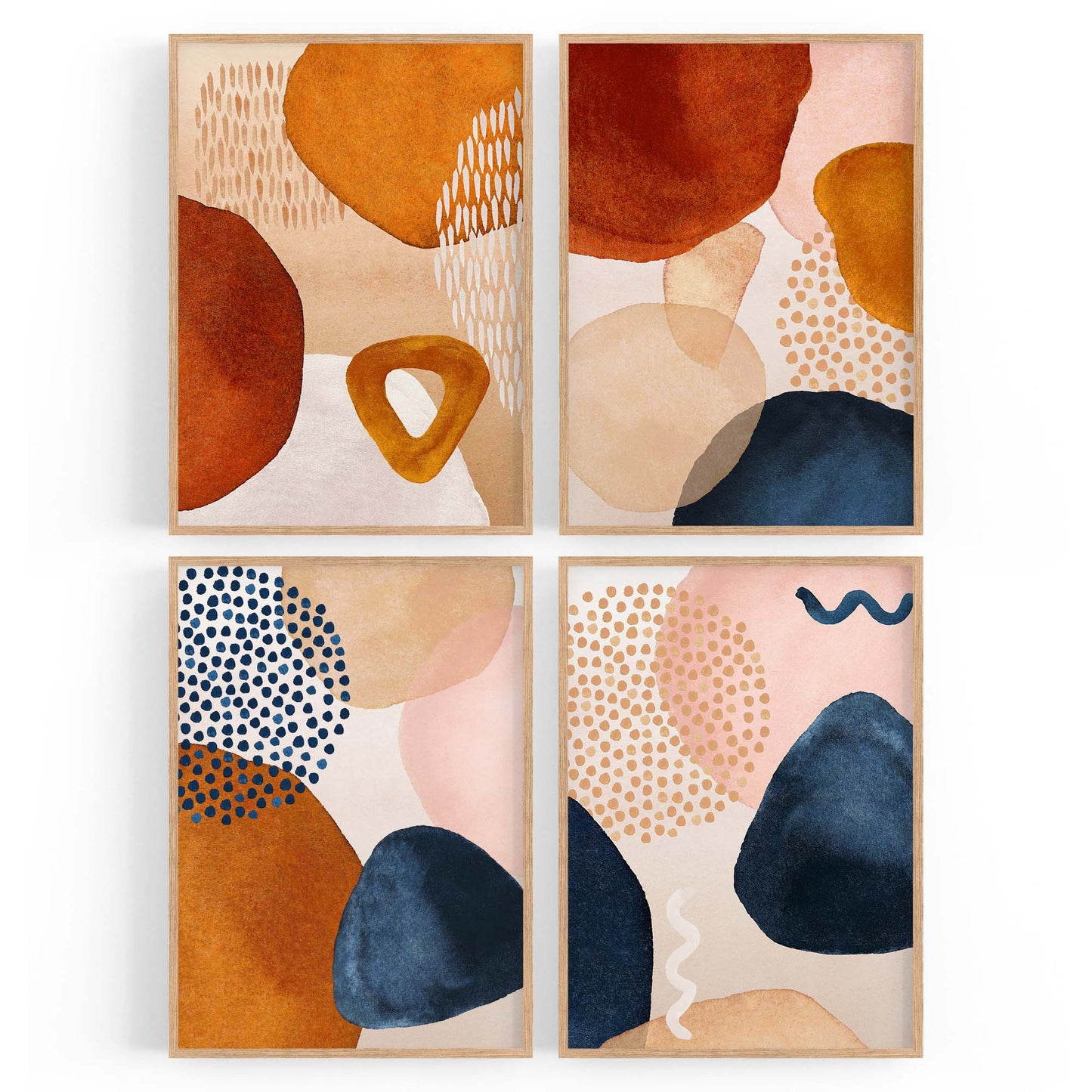 Set of 4 Abstract Painting Blue and Neutral Shapes Wall Art - The Affordable Art Company