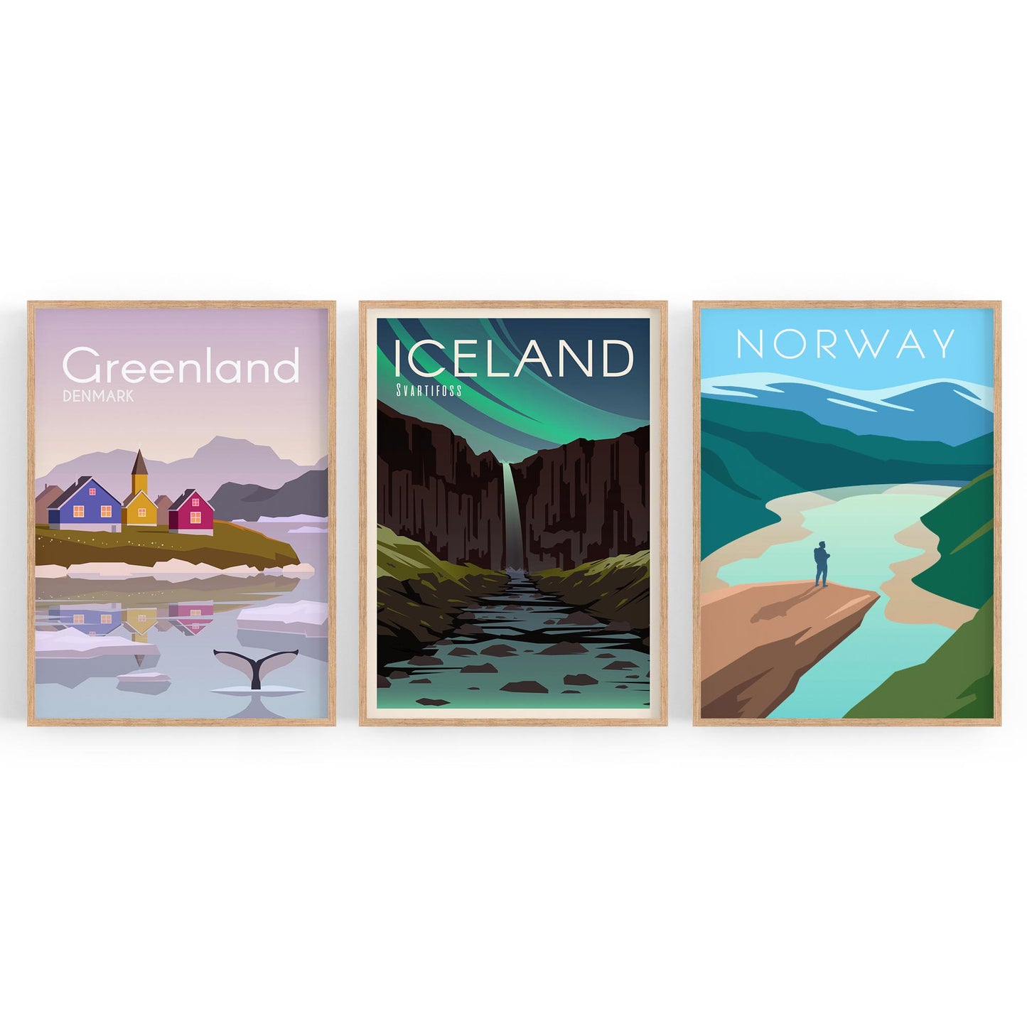 Set of Retro Travel Wall Art (Norway, Iceland, Greenland) - The Affordable Art Company