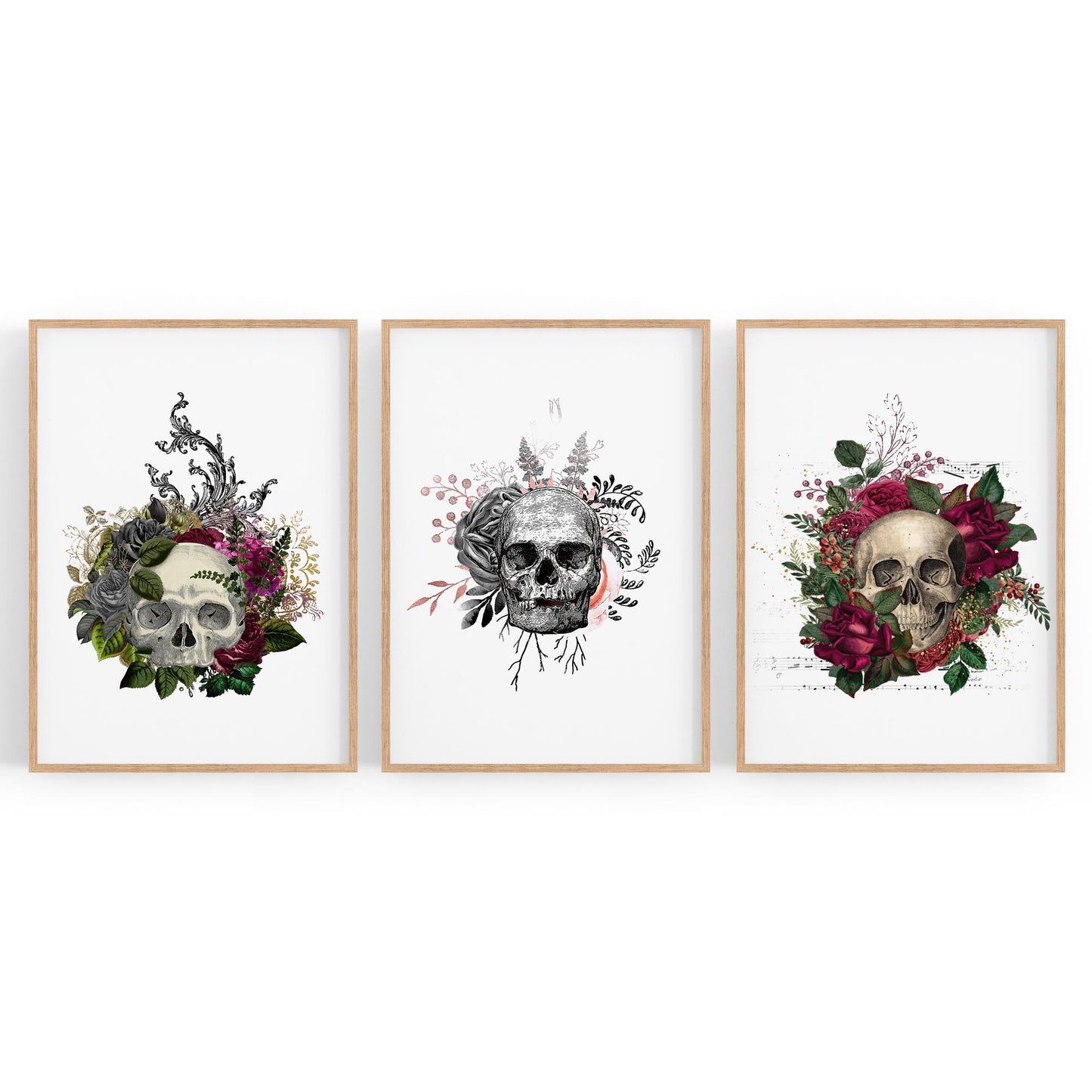 Set of Floral Skull Fashion Bedroom Wall Art - The Affordable Art Company