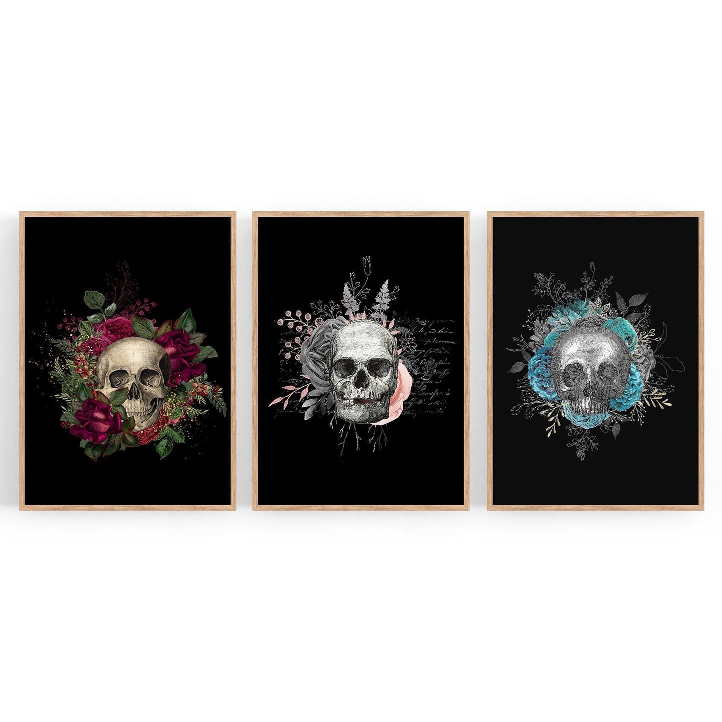 Set of Dark Floral Skull Fashion & Flowers Wall Art - The Affordable Art Company