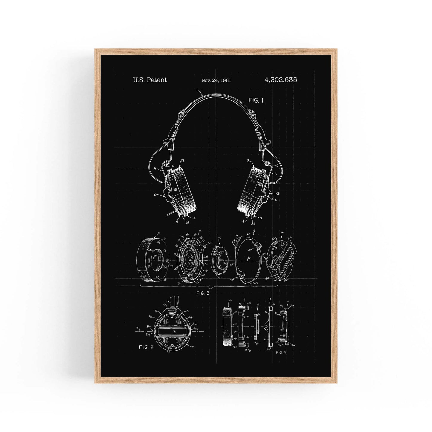 Vintage Music Headphones Black Patent Wall Art #1 - The Affordable Art Company