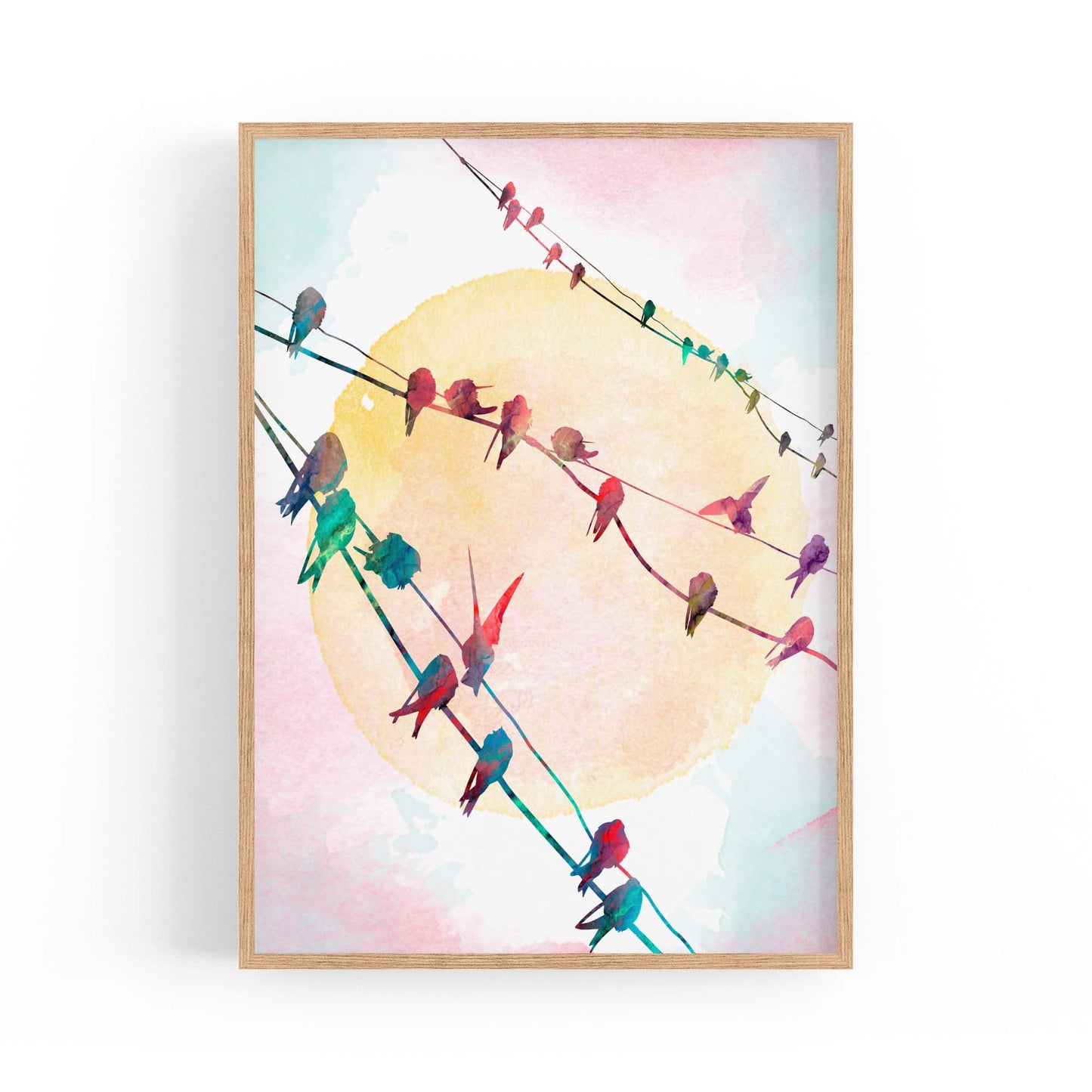 Birds On The Line Watercolour Scene Wall Art - The Affordable Art Company