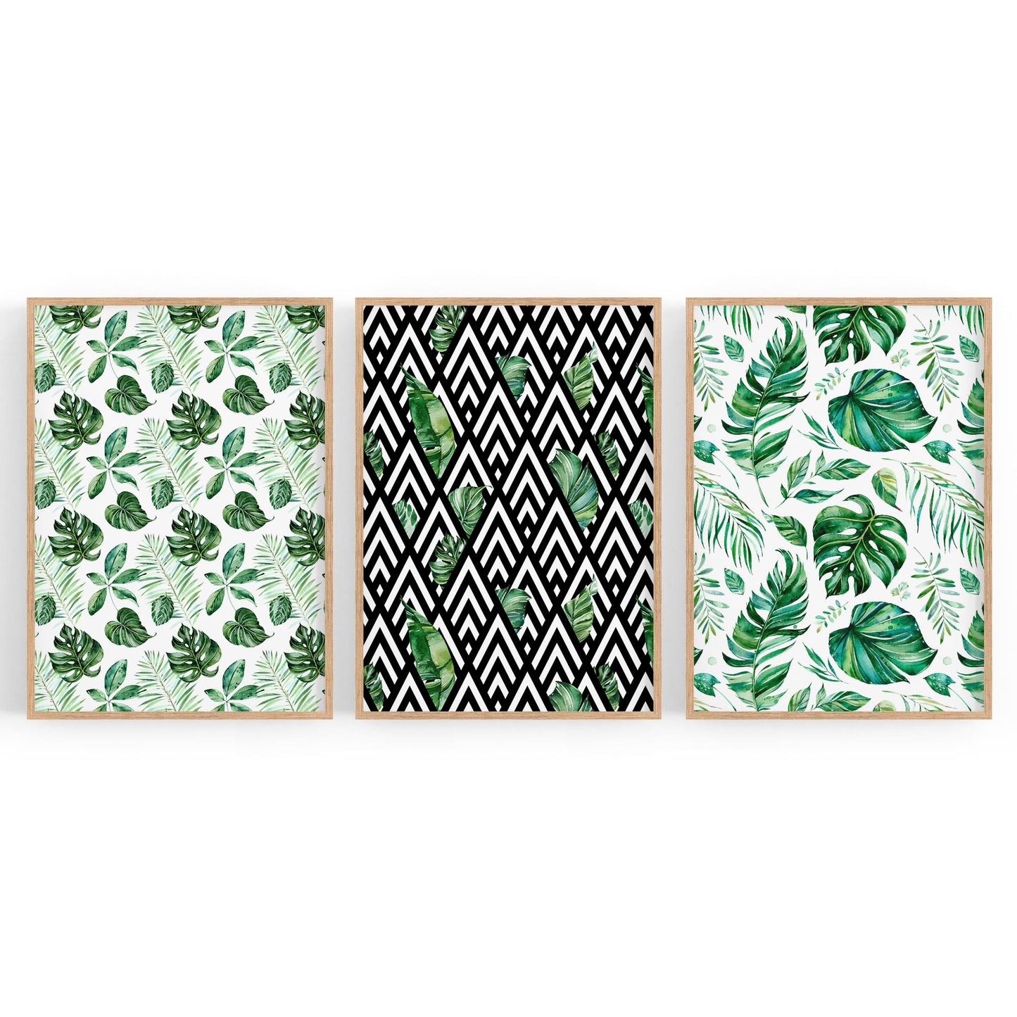 Set of 3 Green Leaf Pattern Nature Wall Art - The Affordable Art Company