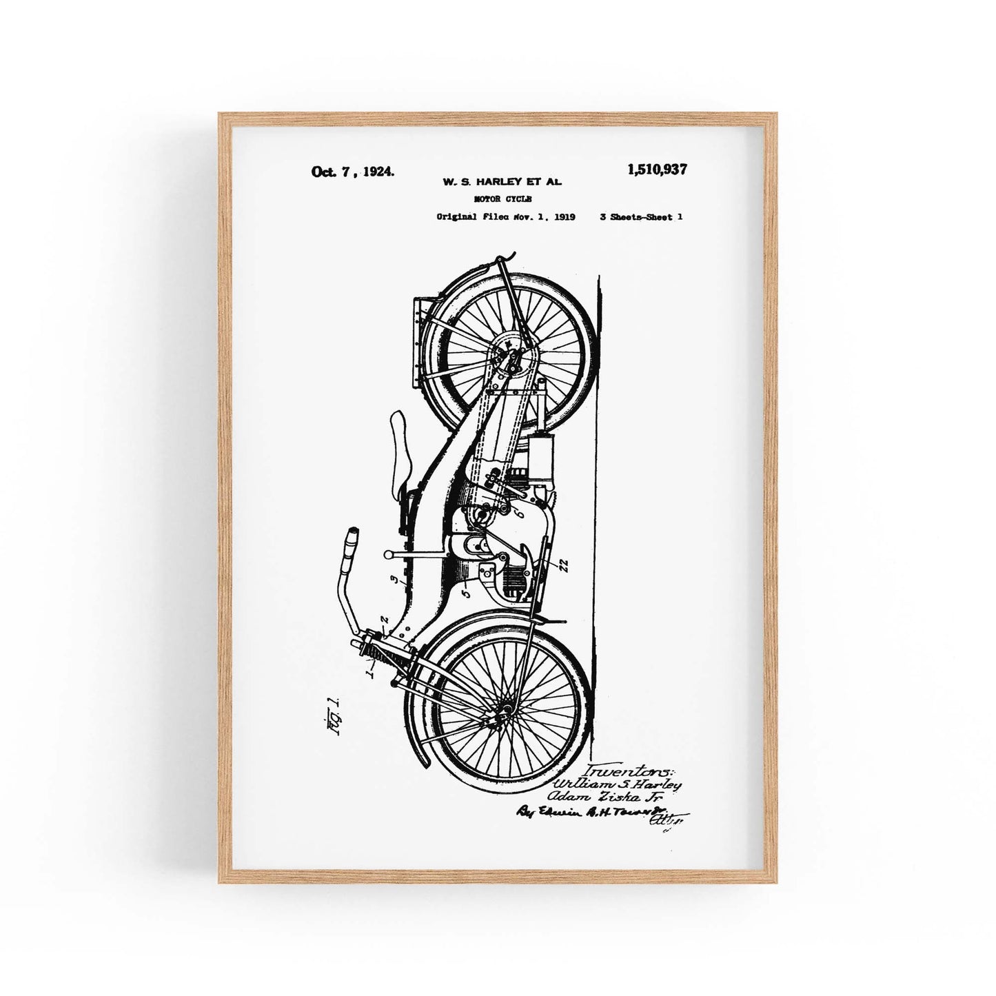 Vintage Harley Motorcycle Patent White Wall Art #2 - The Affordable Art Company