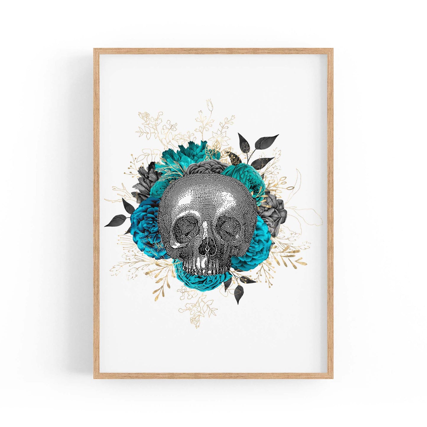 Teal Floral Skull Gothic Bedroom Wall Art - The Affordable Art Company