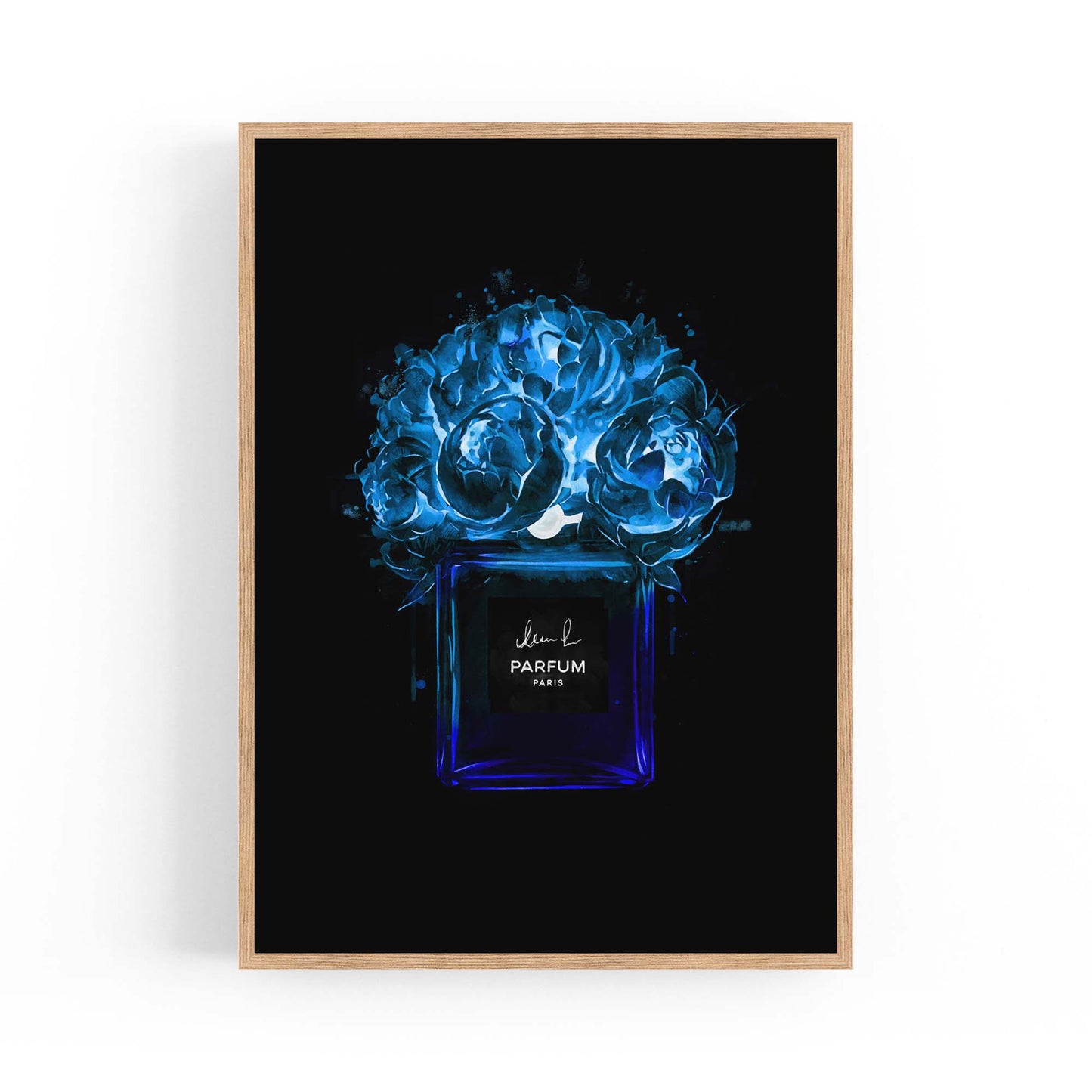 Neon Blue Floral Perfume Bottle Fashion Wall Art - The Affordable Art Company