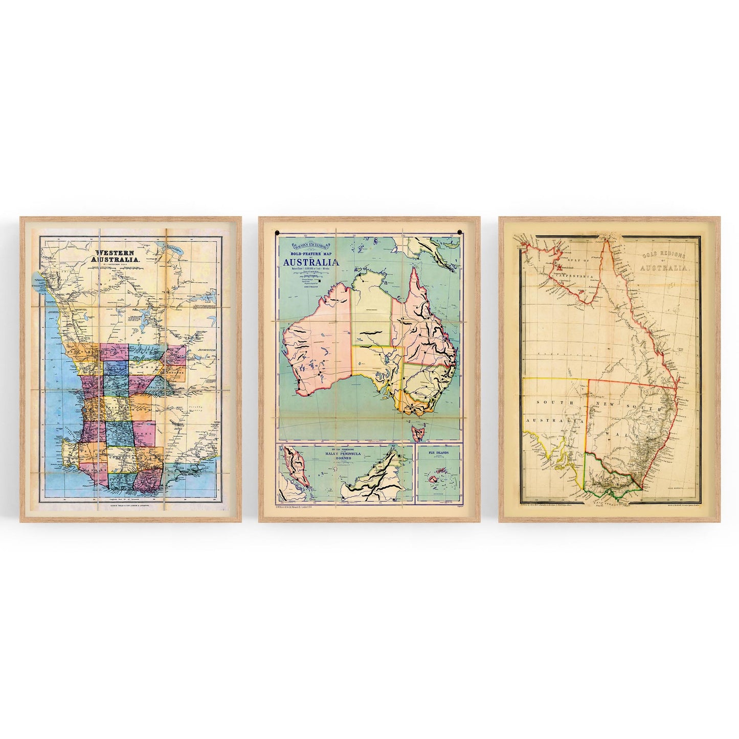 Set of Vintage Old Maps of Australia Wall Art - The Affordable Art Company