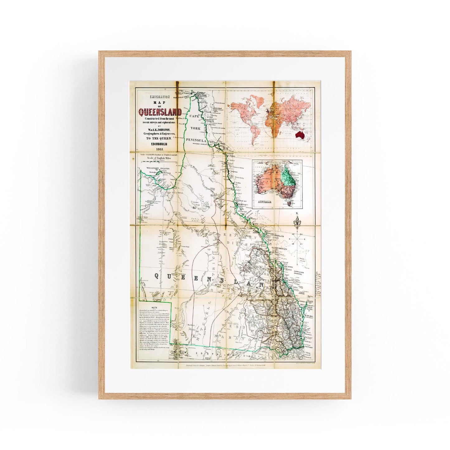 Queensland Australia Vintage Map Wall Art #3 - The Affordable Art Company