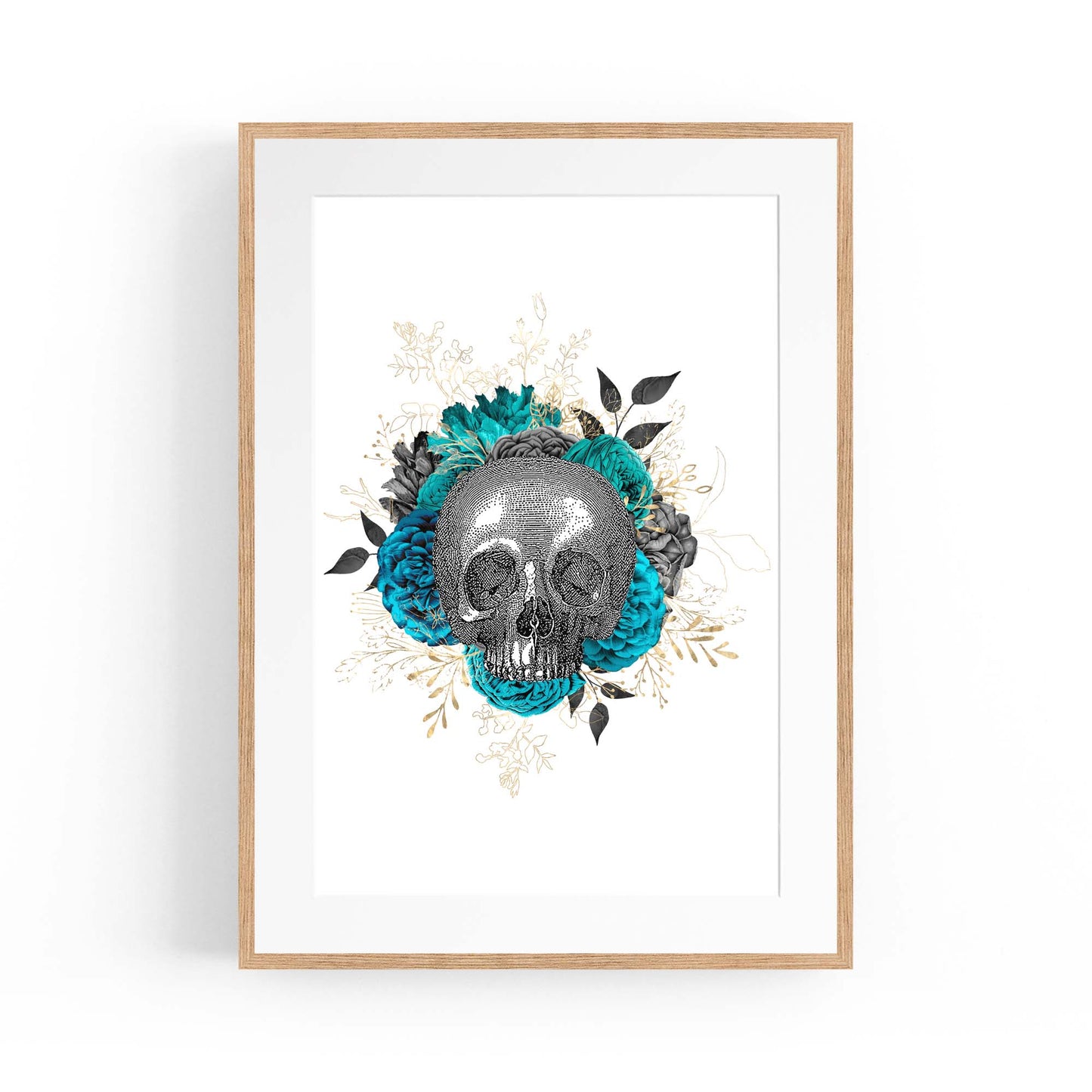 Teal Floral Skull Gothic Bedroom Wall Art - The Affordable Art Company