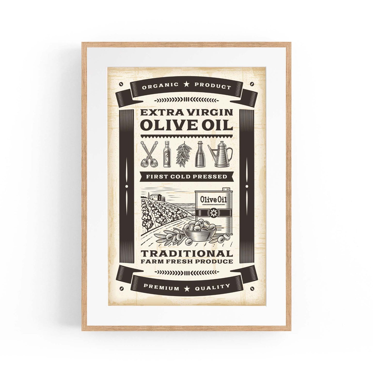 Vintage Olive Oil Farmhouse Kitchen Cafe Wall Art - The Affordable Art Company