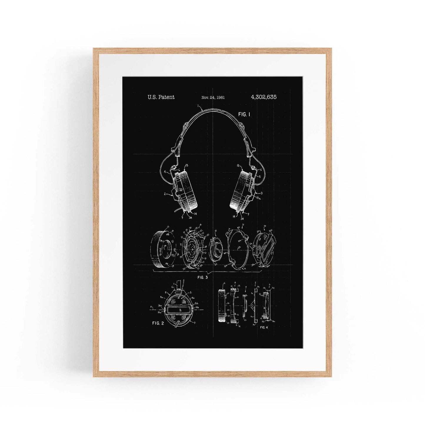 Vintage Music Headphones Black Patent Wall Art #1 - The Affordable Art Company