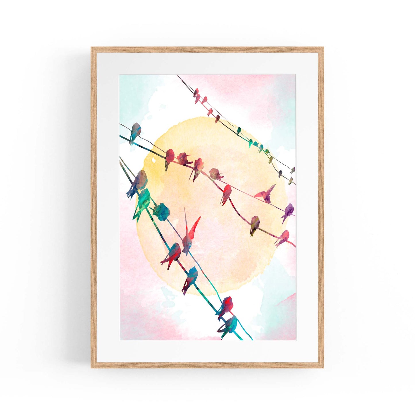 Birds On The Line Watercolour Scene Wall Art - The Affordable Art Company
