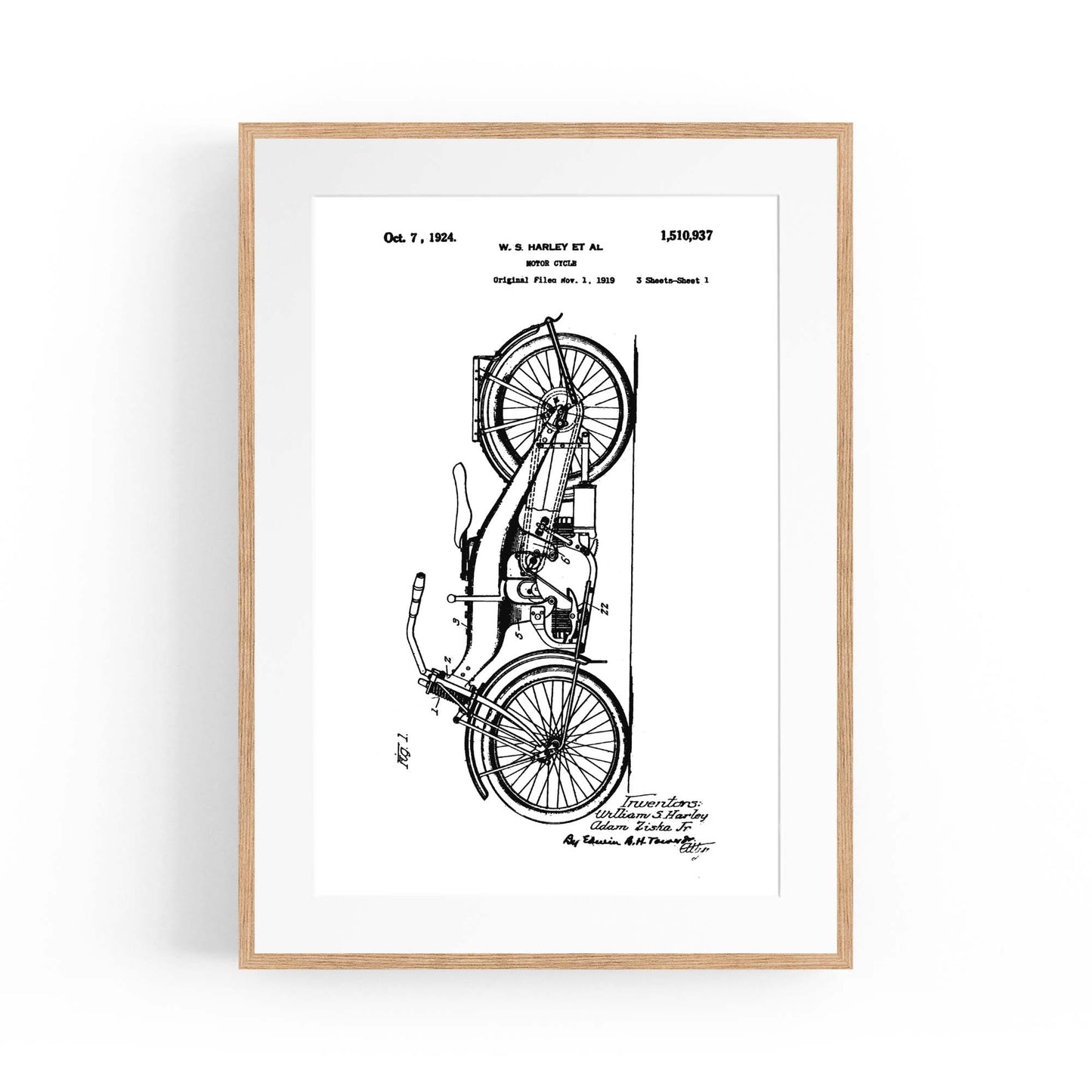 Vintage Harley Motorcycle Patent White Wall Art #2 - The Affordable Art Company