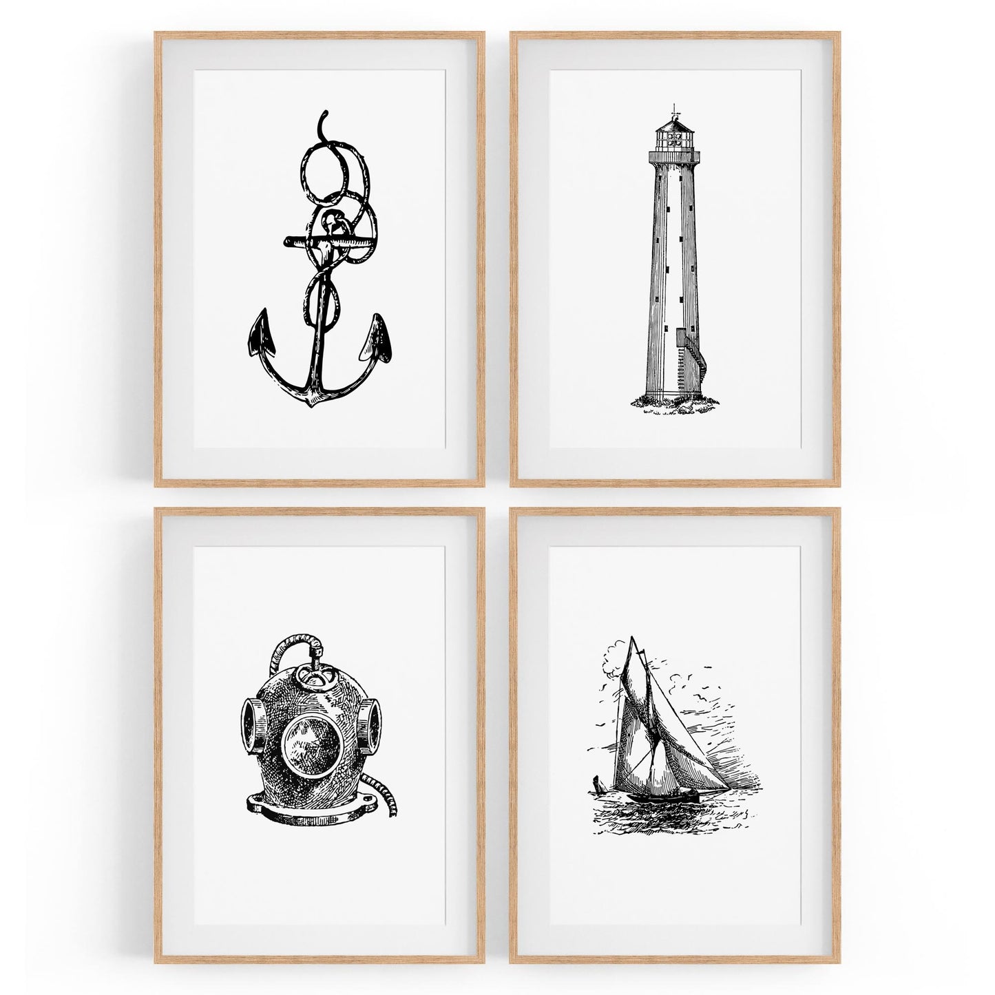 Set of 4 Nautical Drawings Coastal Style Wall Art - The Affordable Art Company