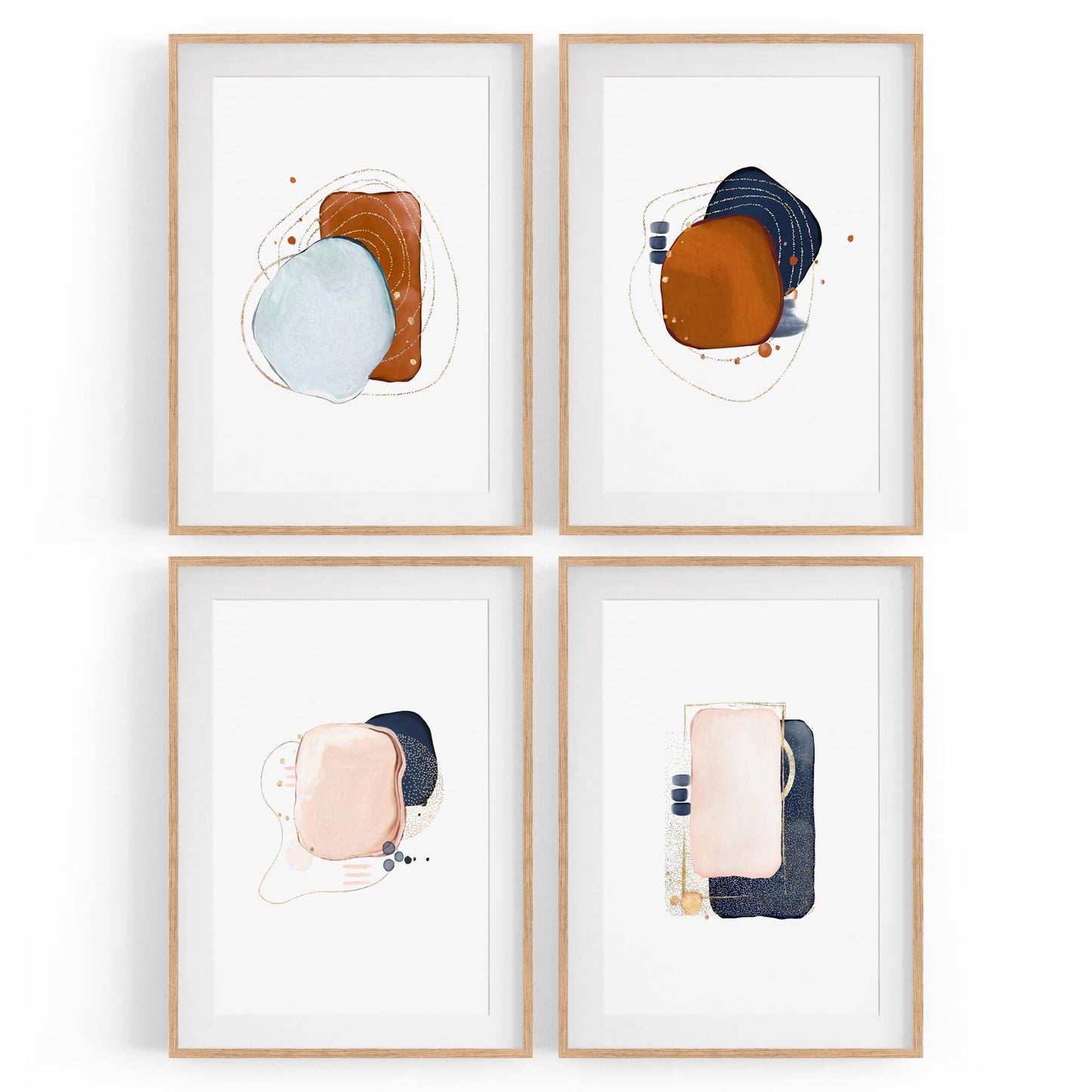 Set of 4 Abstract Blue, Orange and Peach Minimal Wall Art - The Affordable Art Company