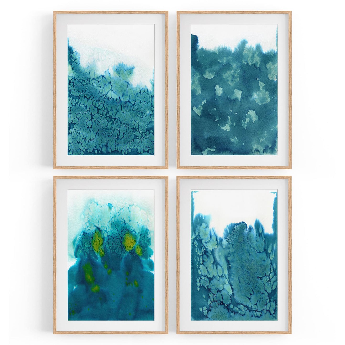 Set of 4 Abstract Blue Ink Wash Minimal Wall Art - The Affordable Art Company