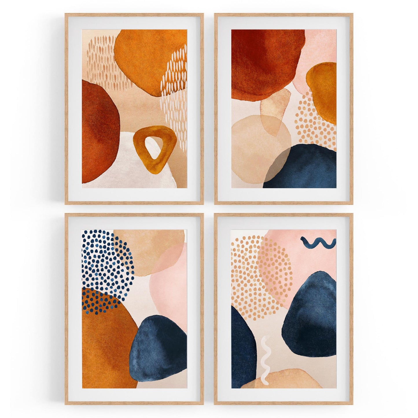 Set of 4 Abstract Painting Blue and Neutral Shapes Wall Art - The Affordable Art Company