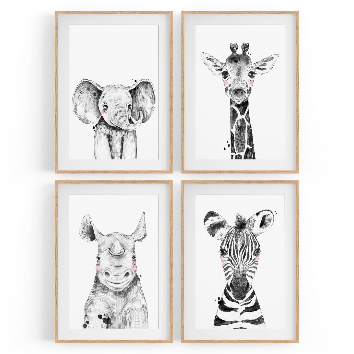 Set of 4 Cute Baby Nursery Safari Animal Drawings Wall Art - The Affordable Art Company