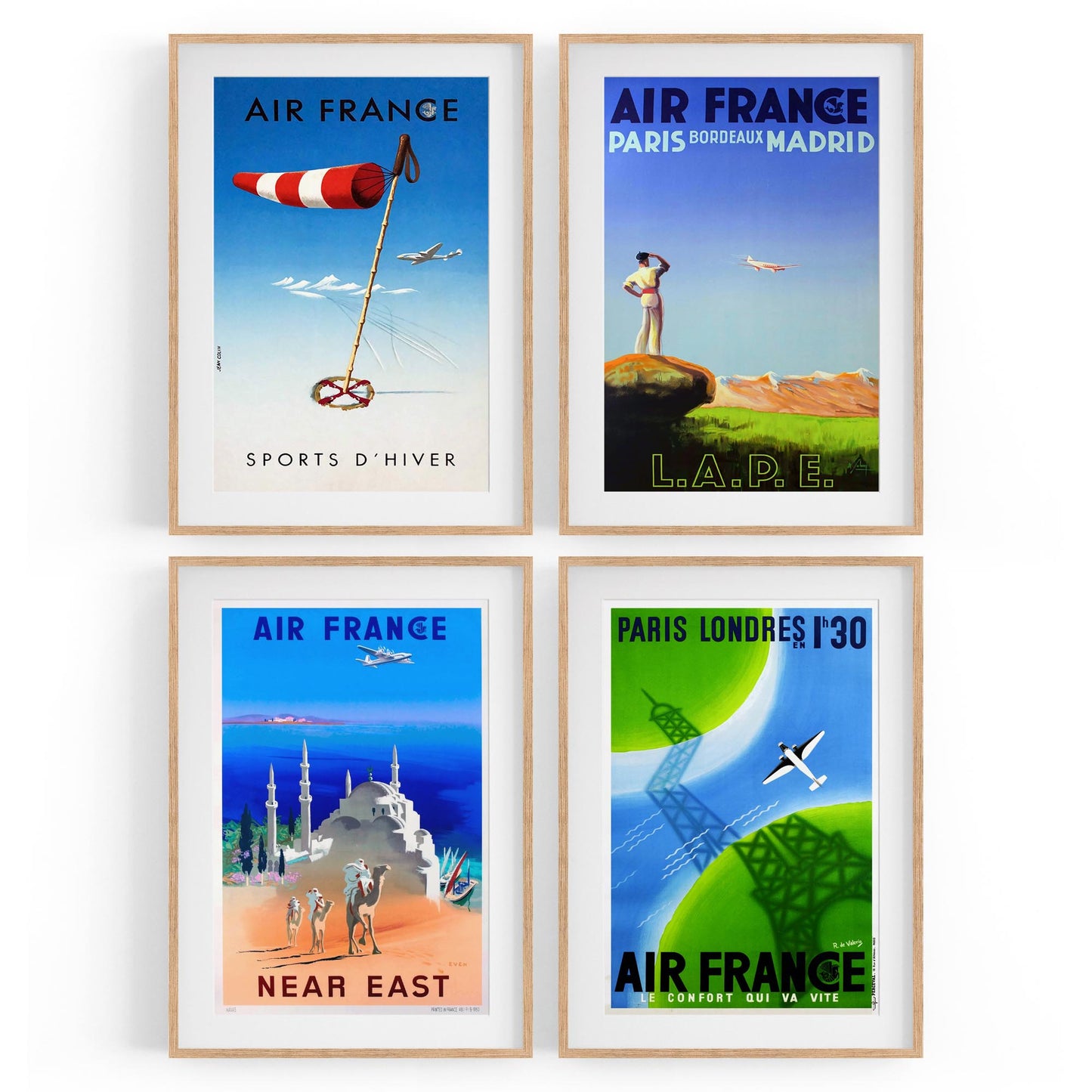 Set of 4 Vintage Air France Travel Advertisements Wall Art - The Affordable Art Company