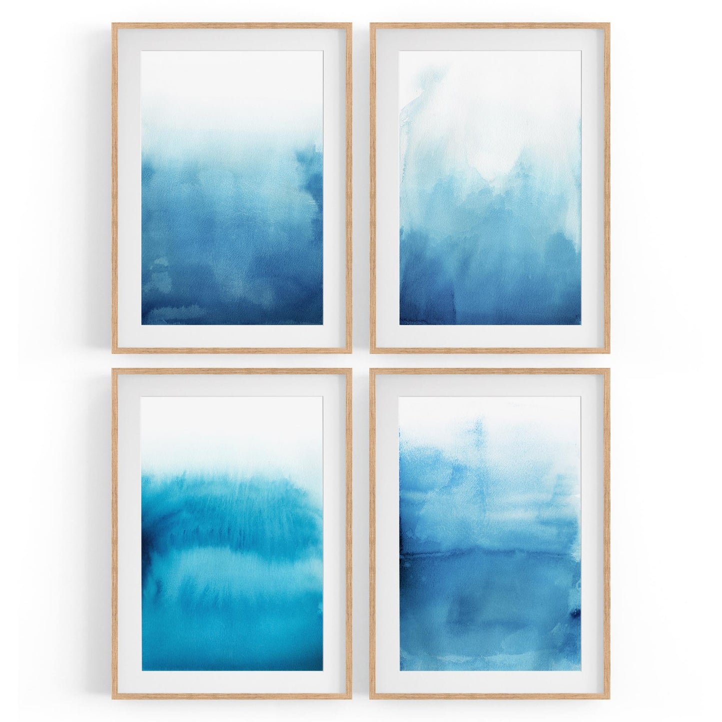Set of 4 Abstract Blue Ink Wash Minimal Wall Art - The Affordable Art Company