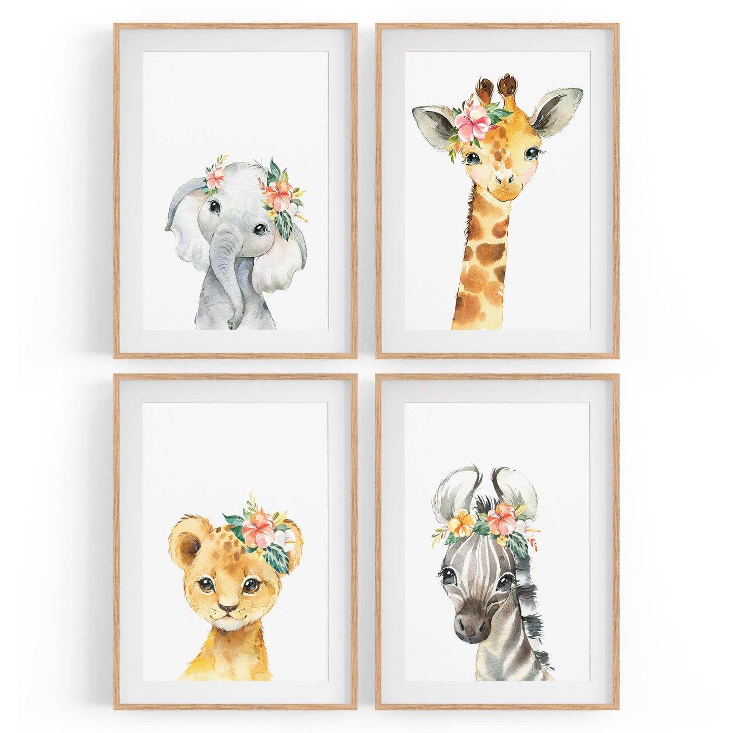 Set of 4 Baby Safari Animal Cute Nursery Paintings Wall Art - The Affordable Art Company