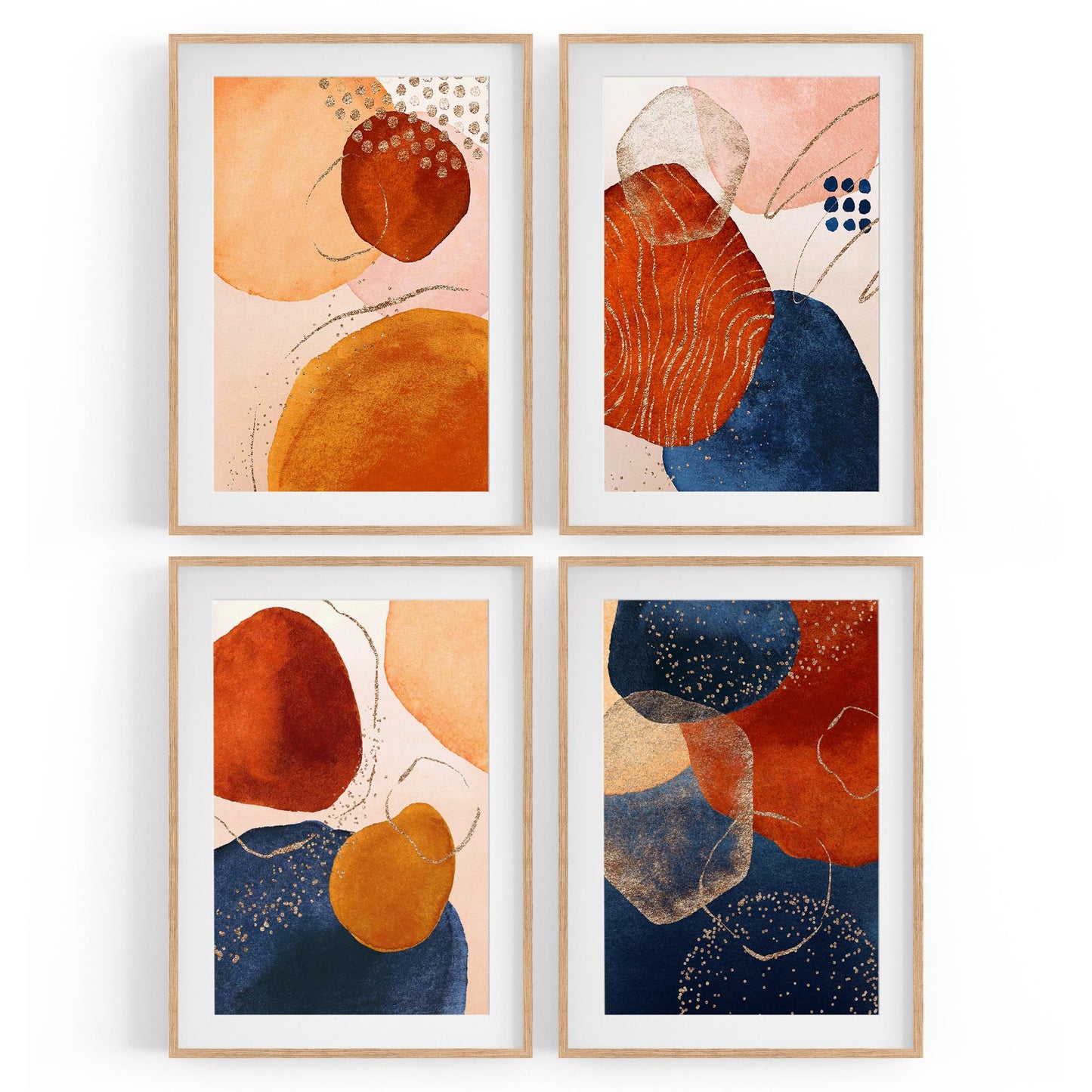 Set of 4 Abstract Blue, Peach and Orange Painting Wall Art - The Affordable Art Company