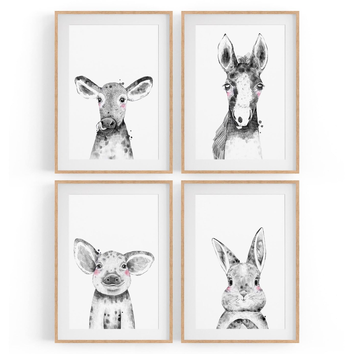 Set of 4 Cute Baby Nursery Country Farm Animal Drawings Wall Art - The Affordable Art Company